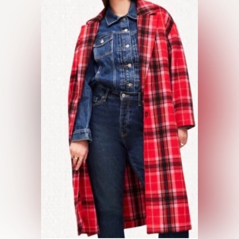 Old Navy Women’s Long Coat Red Tartan Plaid Oversized Soft Brushed Duster~L - Picture 11 of 11